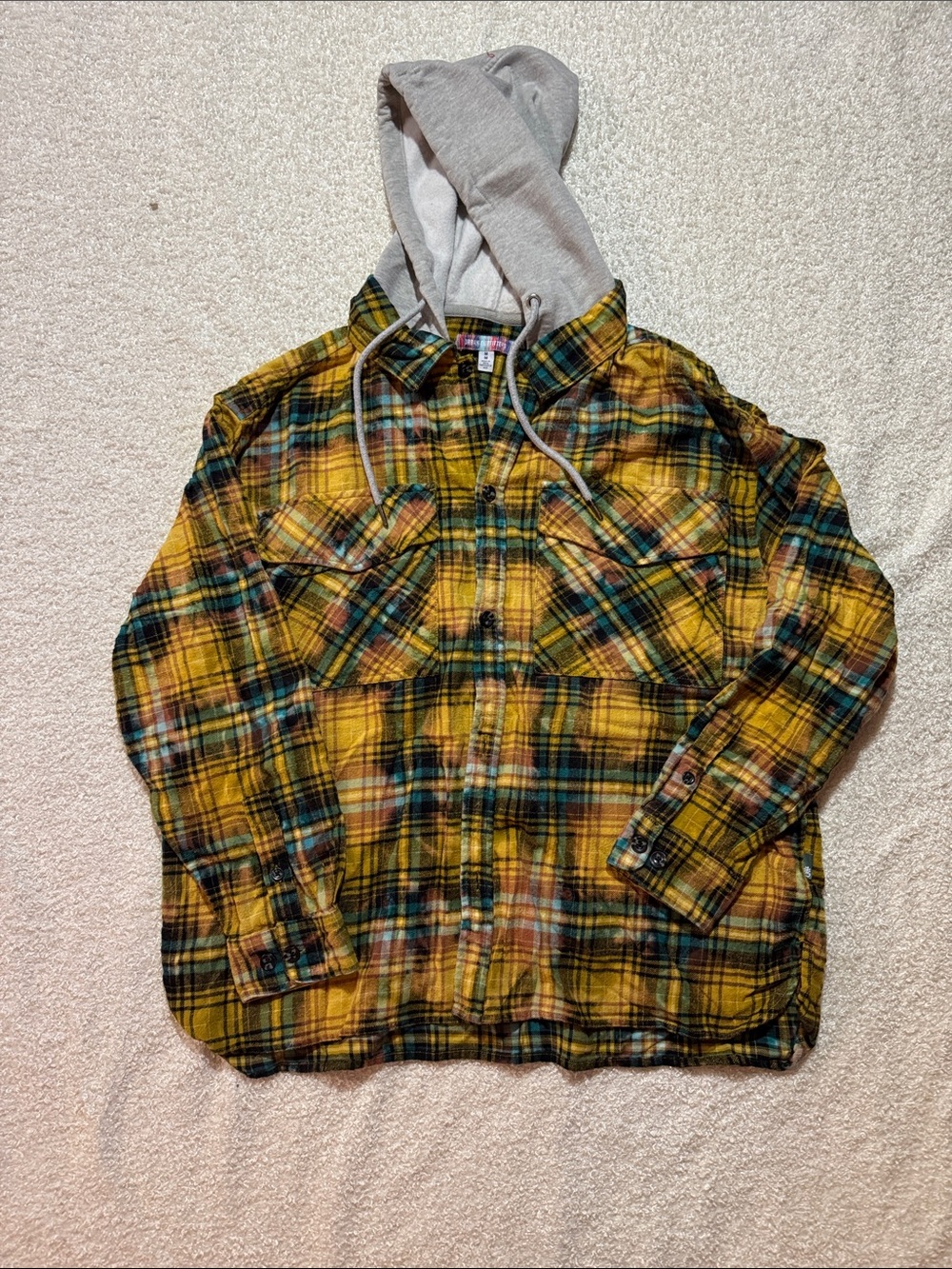 Urban Outfitters Yellow Plaid Flannel Shirt Jacket with Gray Hood